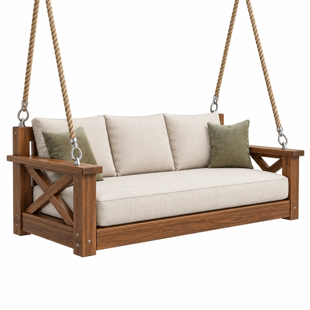 Huśtawka ogrodowa sofa 180 x 75 x 170 cm drewniana brązowo-beżowa wisząca