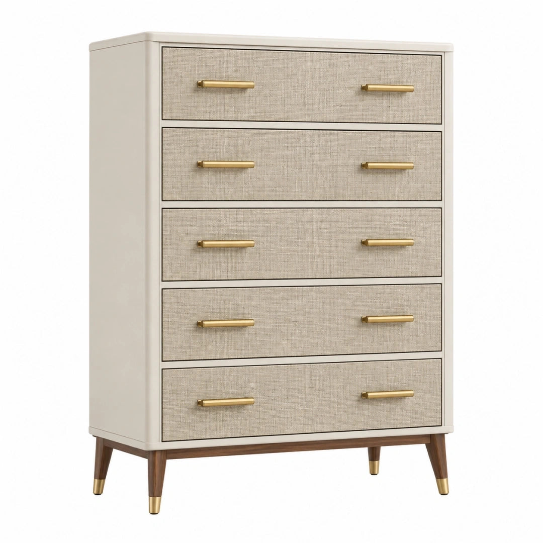 Komoda drewniana 80 x 40 x 120 cm beżowa z pięcioma szufladami w stylu modern classic