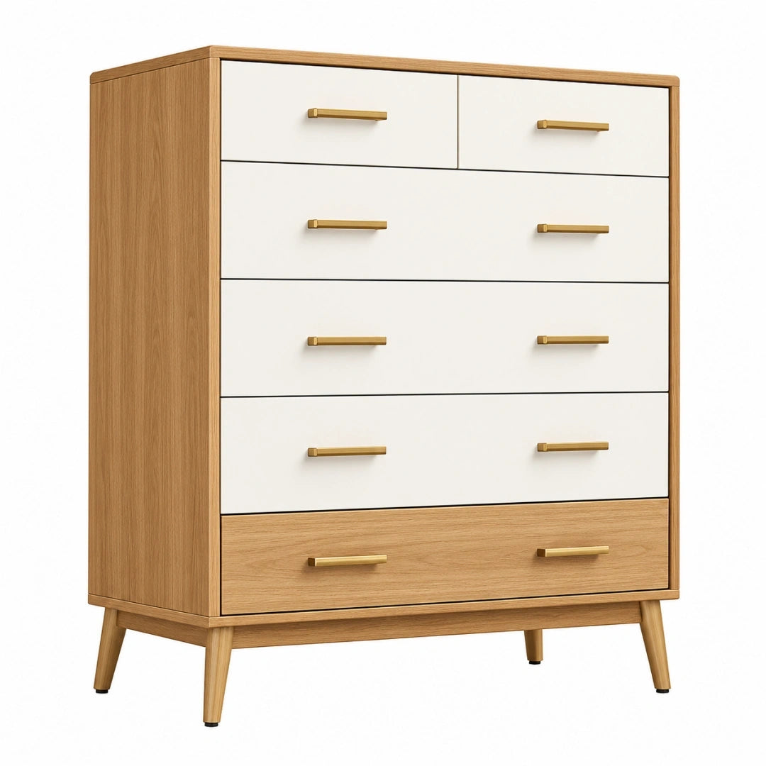 Komoda 100 x 45 x 130 cm biało-dębowa z 7 szufladami w stylu retro