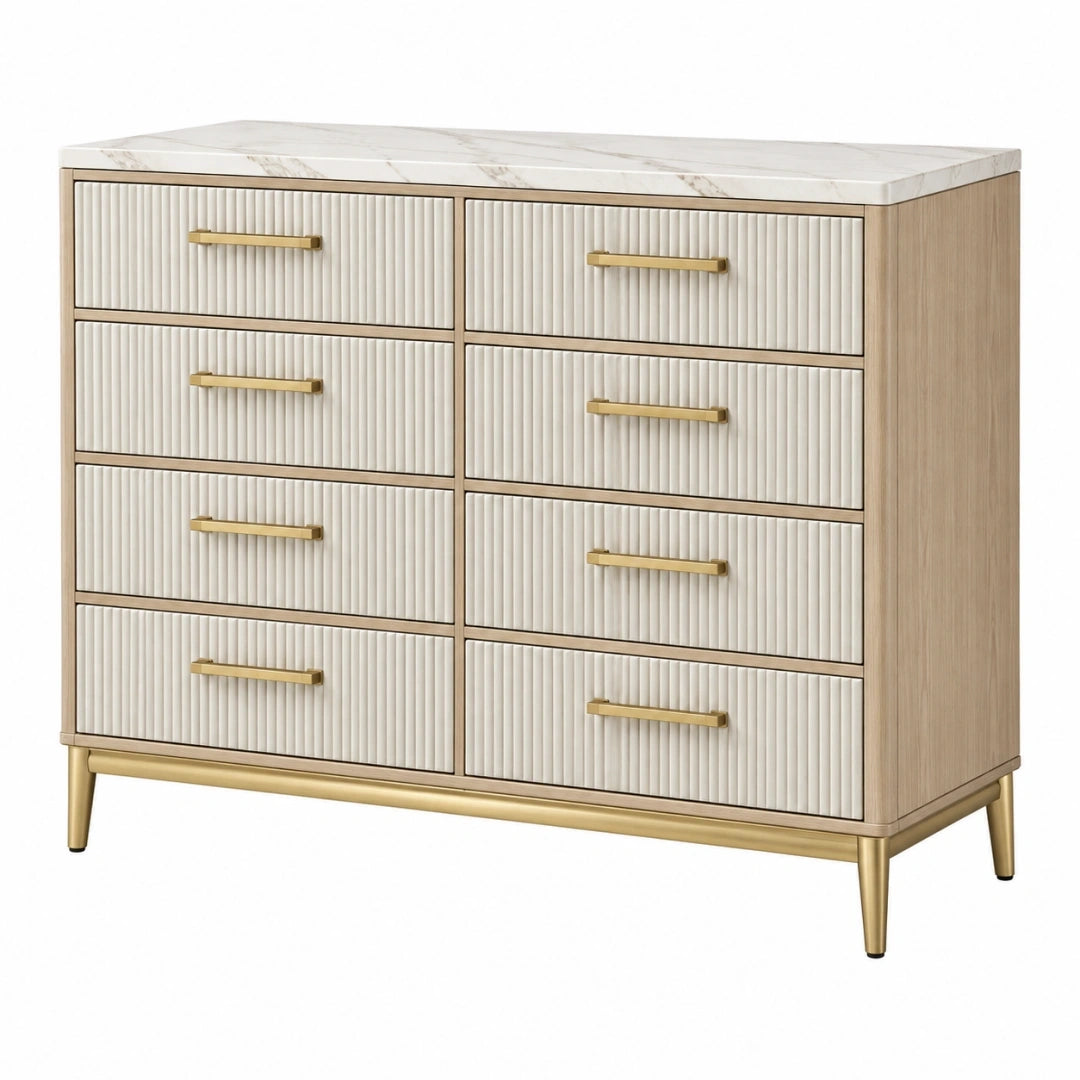 Komoda 140 x 45 x 95 cm z 8 szufladami w kolorze kremowym ze złotymi uchwytami