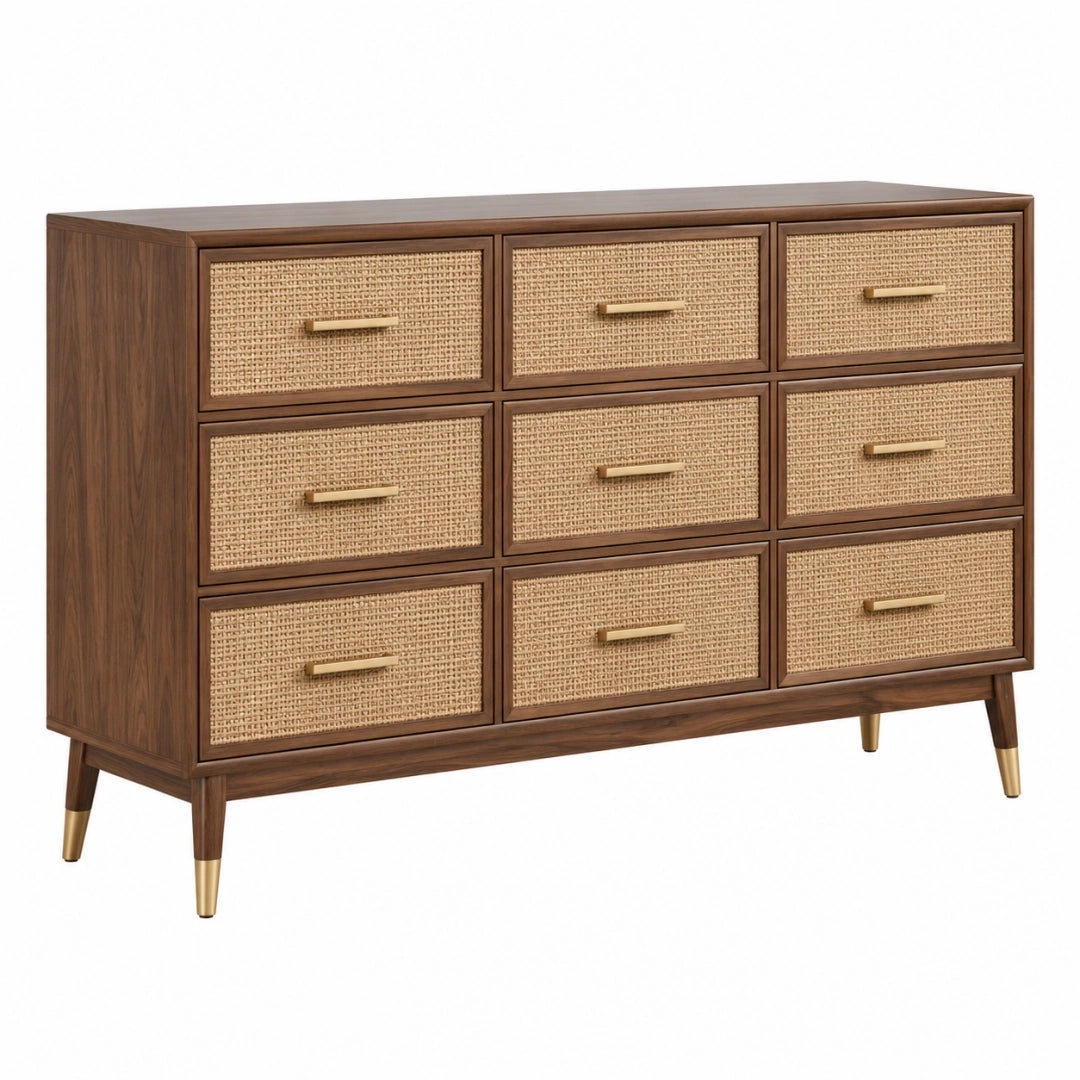 Komoda 160 x 45 x 85 cm z rattanowymi frontami brązowa w stylu retro