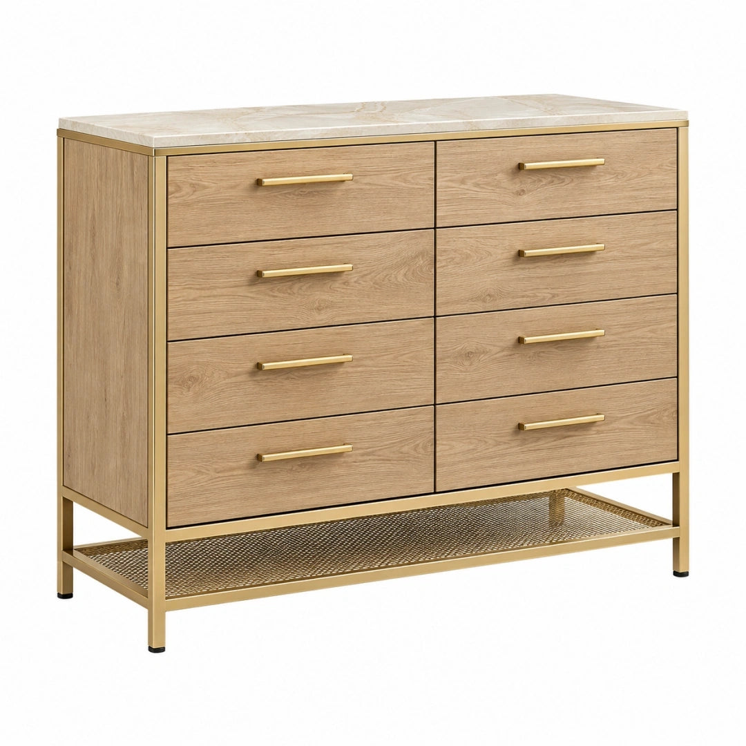 Komoda 120 x 40 x 90 cm w kolorze naturalnego drewna ze złotą metalową ramą nowoczesna