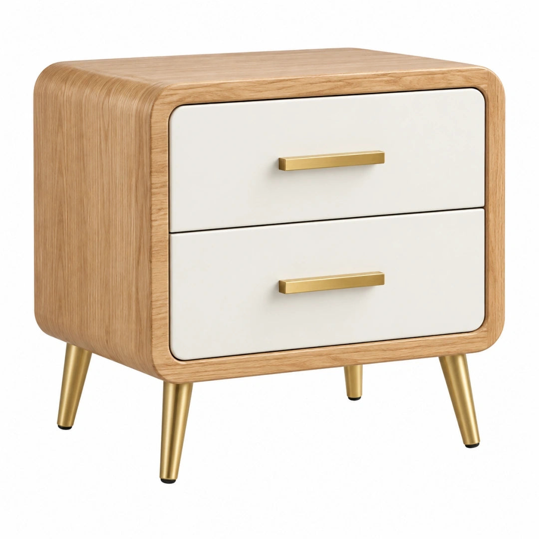 Szafka nocna 50 x 40 x 55 cm drewnopodobna biała ze złotymi nogami - styl retro z 2 szufladami
